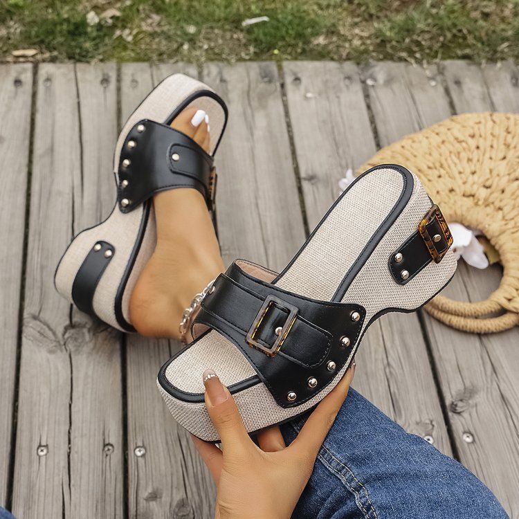 Women's Shoes Large Size 43 Square Heel Thick Sole Heightening Style One Strap Sandals Summer Buckle Rivet Women's Shoes_voghion.com
