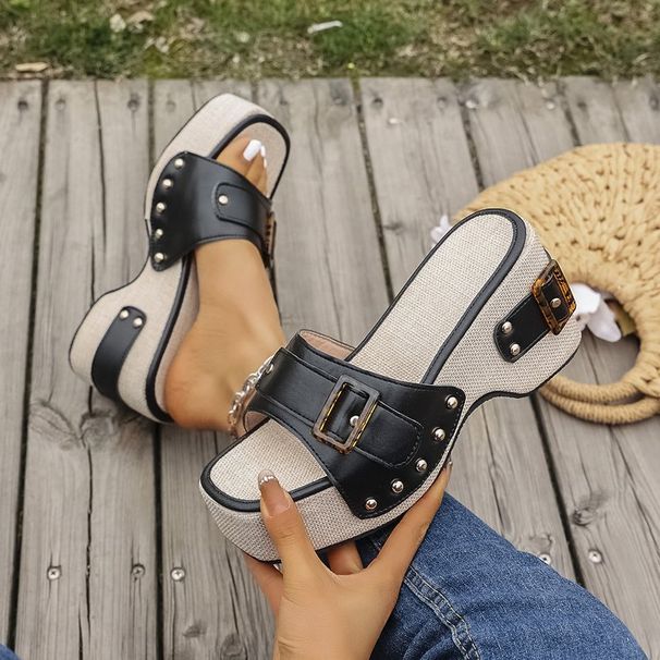 Women's Shoes Large Size 43 Square Heel Thick Sole Heightening Style One Strap Sandals Summer Buckle Rivet Women's Shoes_voghion.com