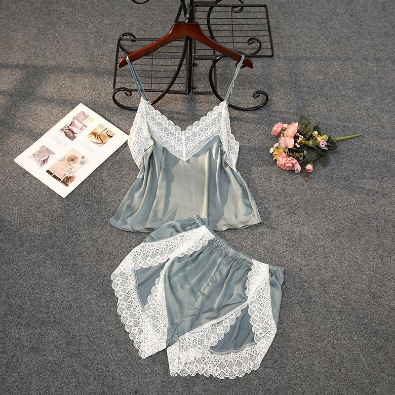 Damen dünne weiße Spitze Seidenspitze ohne Brustpolster geraffte Pyjama-Shorts zweiteiliges Set_voghion.com