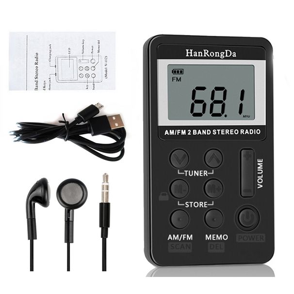 HanRongDa HRD-103 Receptor estéreo digital AM FM de 2 bandas con auriculares, pantalla LCD, batería recargable, portátil de bolsillo_voghion.com