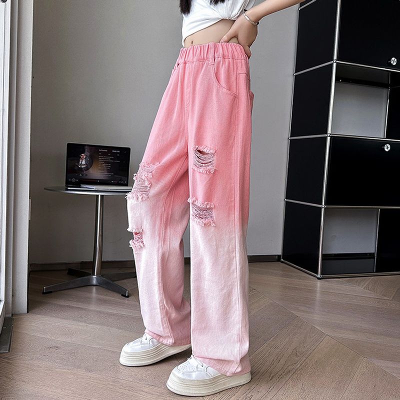 2533 Pink Gradient Ripped Straight Pants New Children's Miscellaneous European And American Jeans_voghion.com