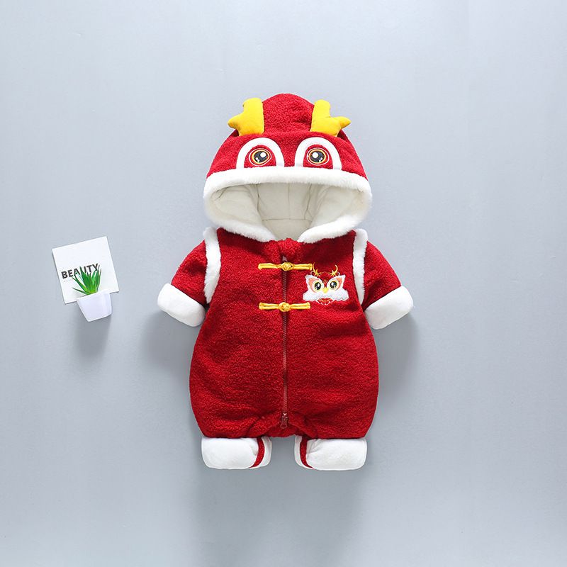Loong Yılı kalınlaştırılmış sıcak tek parça bebek Yeni Yıl kış şenlikli peluş pamuklu dolgulu giysiler_voghion.com