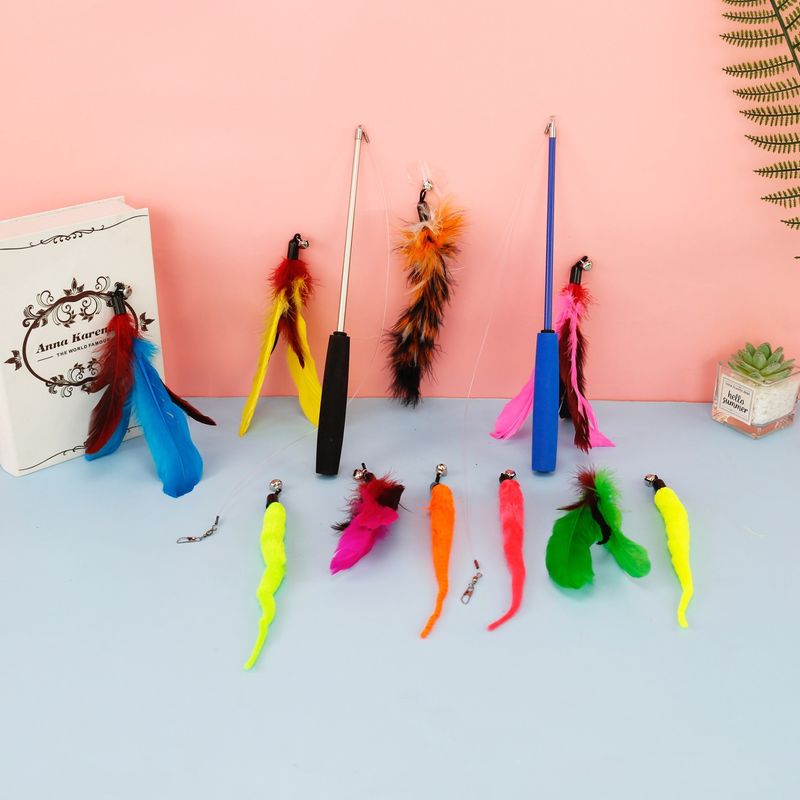 Pet Cat Toy Set Colorful Feather Fishing Rod Caterpillar Bell Replaceable Head Teaser Wand_voghion.com