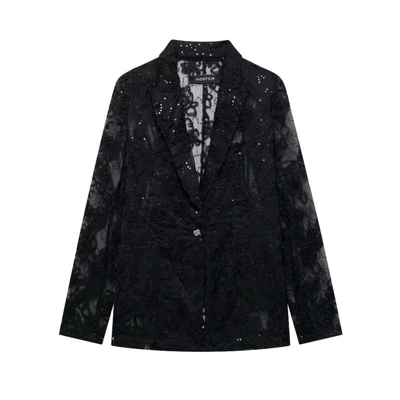 Abbigliamento donna autunno 2024 nuova giacca da abito semi trasparente con texture impreziosita da perle_voghion.com