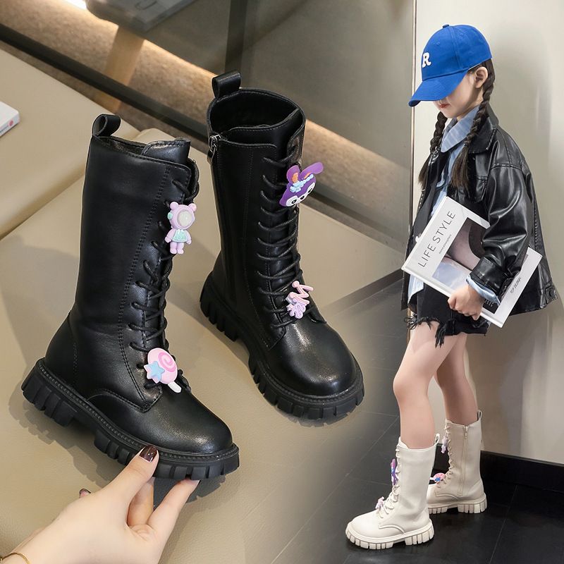 Kids Shoes Girls boots children's boots new plus velvet medium and large children's long boots two cotton high boots all match leather boots_voghion.com