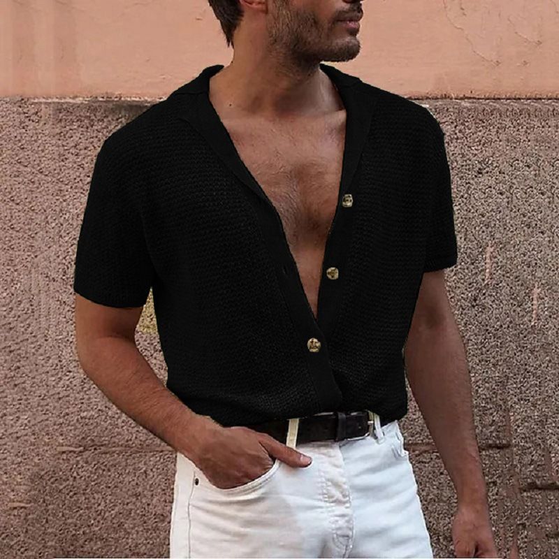 Herrenbekleidung Mode Herren Strickjacke lässig Revers Kurzarm Top gestrickt einreihige Strickjacke Herrenpullover_voghion.com