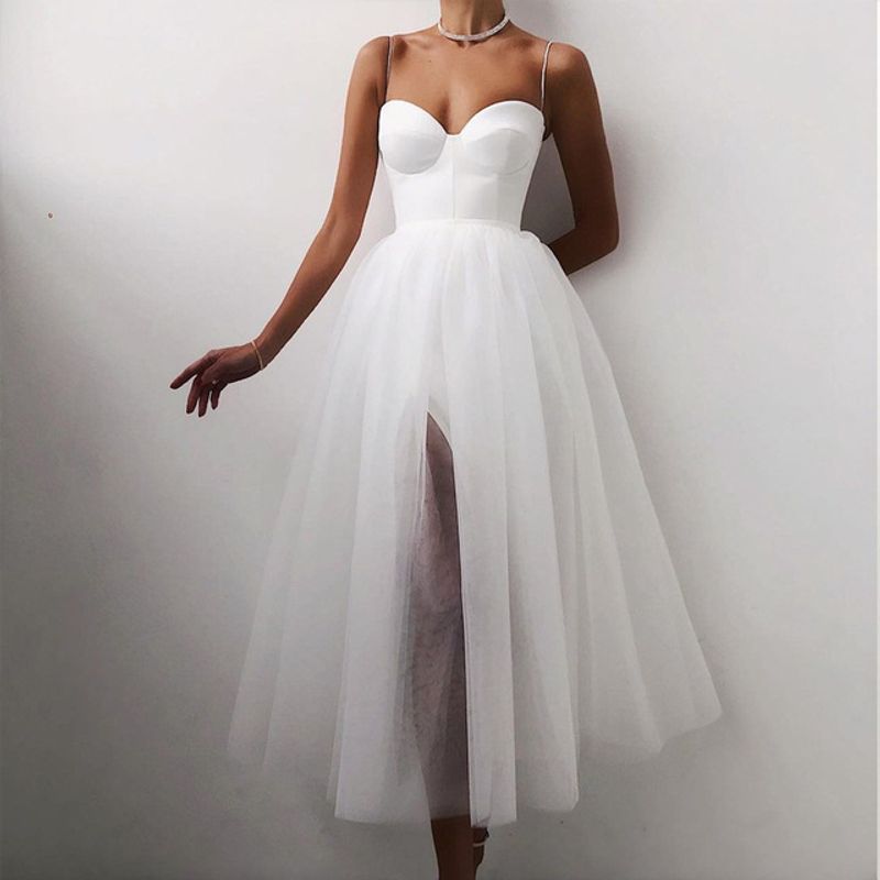 Damen Gespleißtes Mesh A-Linien-Kleid Solides Ballettkleid_voghion.com