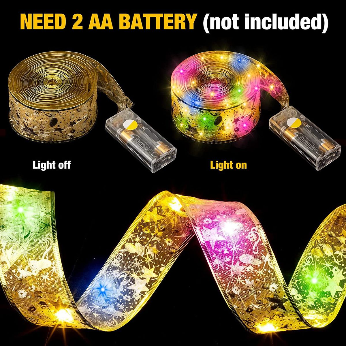 Elegant Ribbon LED Fairy Lights For Christmas Tree Decor - Durable Satin Ribbon With Copper Wire, Battery/USB Powered,_voghion.com