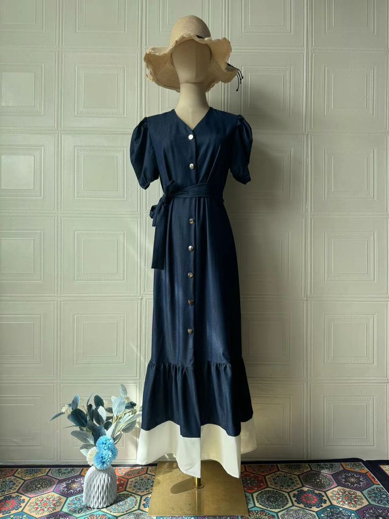 Women's Clothing Summer Retro Single Breasted Loose Casual Ruffled Short Sleeved Denim Dress_voghion.com