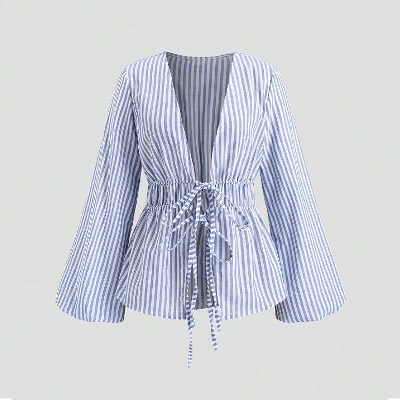 Elegante camicia a righe – blusa a maniche lunghe con cintura (S-XL, vestibilità ampia)_voghion.com
