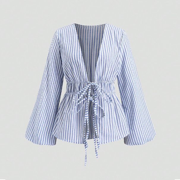 Elegante camicia a righe – blusa a maniche lunghe con cintura (S-XL, vestibilità ampia)_voghion.com