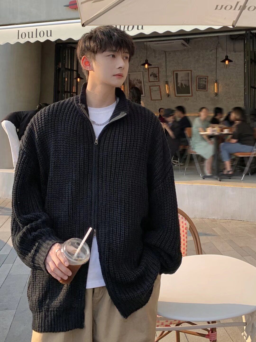 Férfi ruházat Sötétzöld kötött kardigán pulóver férfi kabát őszi-téli Ruan szép ruházat niche dupla cipzáras állógalléros pulóver_voghion.com