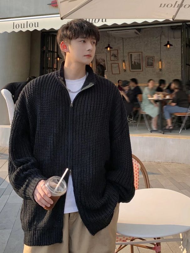 Férfi ruházat Sötétzöld kötött kardigán pulóver férfi kabát őszi-téli Ruan szép ruházat niche dupla cipzáras állógalléros pulóver_voghion.com