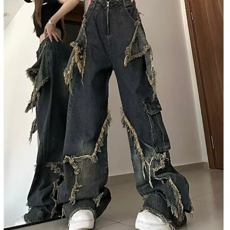 Blugi retro americani, slim, largi, pentru femei, design de primăvară, pantaloni de șters cu margini brute, drepți, cu picior larg, la modă_voghion.com
