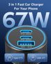 67W 3-ports ultrahurtig type C biloplader USB C til Samsung Galaxy S25 S24 S23 S22 S21 Ultra A54 A53 A15, iPhone 16/15 Pro Max, Android, PD/QC biladapter_voghion.com