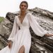 Elegant V-Neck Long Sleeve Chiffon Wedding Dress With Small Train – Boho Beach Bridal Gown For Photoshoot, Flattering High Waist(US2-26W, Ivory/White)_voghion.com