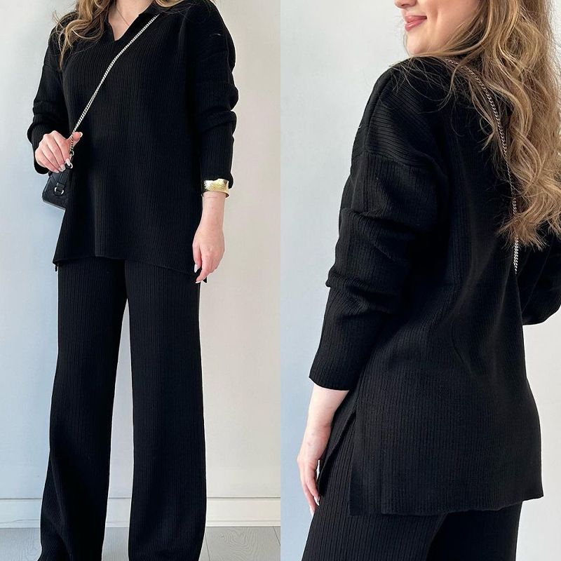 Women's fashion solid color under loose spread fork knitwear two-piece set_voghion.com
