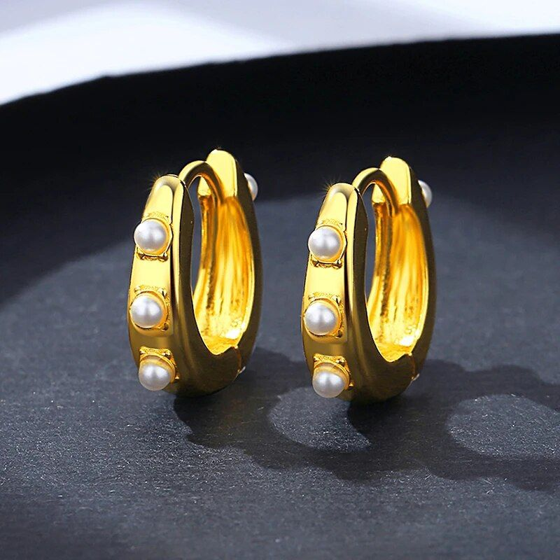Orecchini a cerchio in argento sterling placcati in oro per donna, piccole perle, raffinati gioielli alla moda, semplici fibbie per le orecchie, regalo da sposa_voghion.com