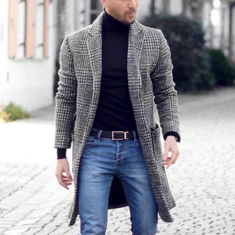 Men's Clothing houndstooth woolen men's coat mid length plaid duffle windbreaker _voghion.com
