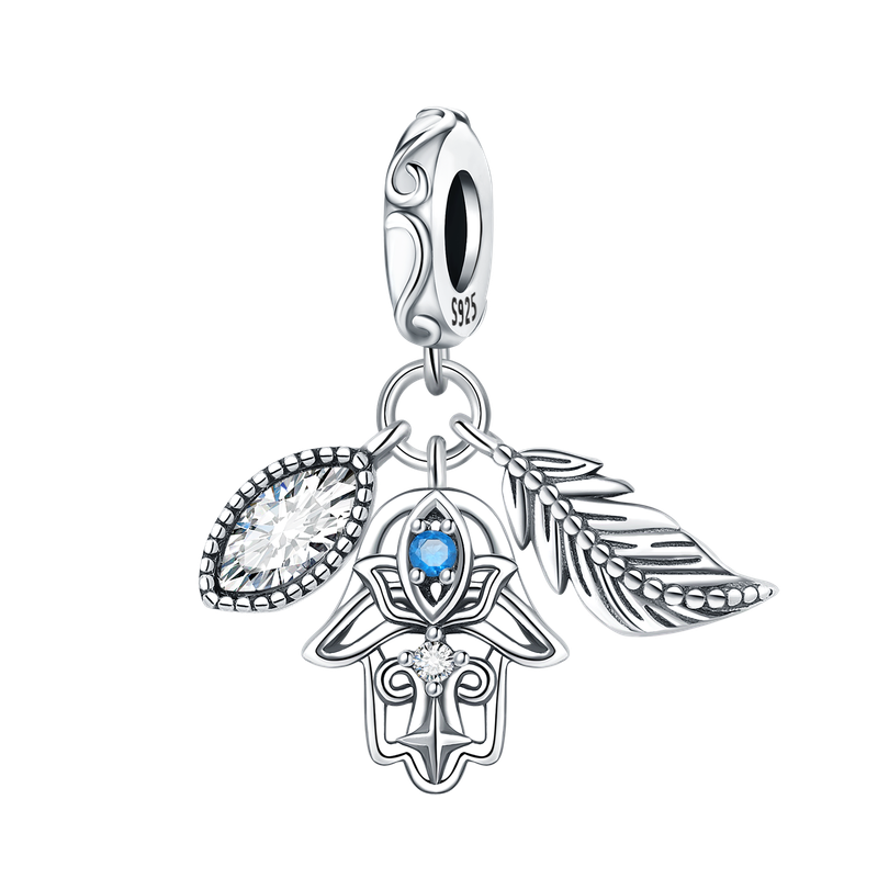 Feathered Hand Of Fatima Pendant Charm,Sterling Silver Charm Beads_voghion.com