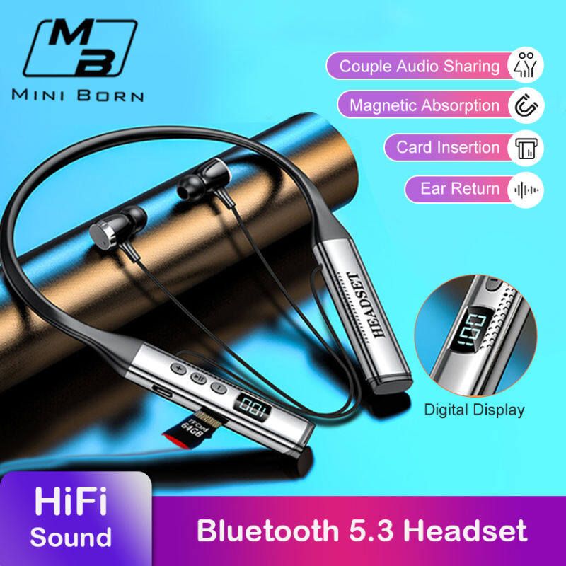 Mini Born vezeték nélküli fülhallgató nyakpántos Bluetooth V5.3 ultra hosszú élettartamú multifunkciós Bluetooth headset digitális kijelzővel, nyakba akasztható vezeték nélküli Bluetooth headset_voghion.com