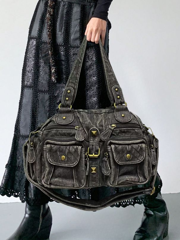 Women's Washed Denim Tote Bag Multi-Pocket Vintage Crossbody Bag 2025 Fall/Winter New_voghion.com