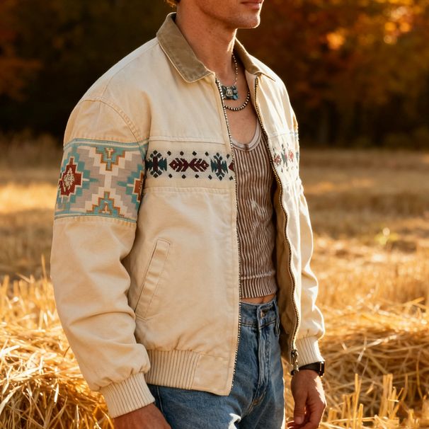 Męska kurtka w stylu western vintage – płaszcz w stylu retro z przetarciami i zapięciem na suwak i kieszeniami naszywanymi (jasnobrązowy)_voghion.com