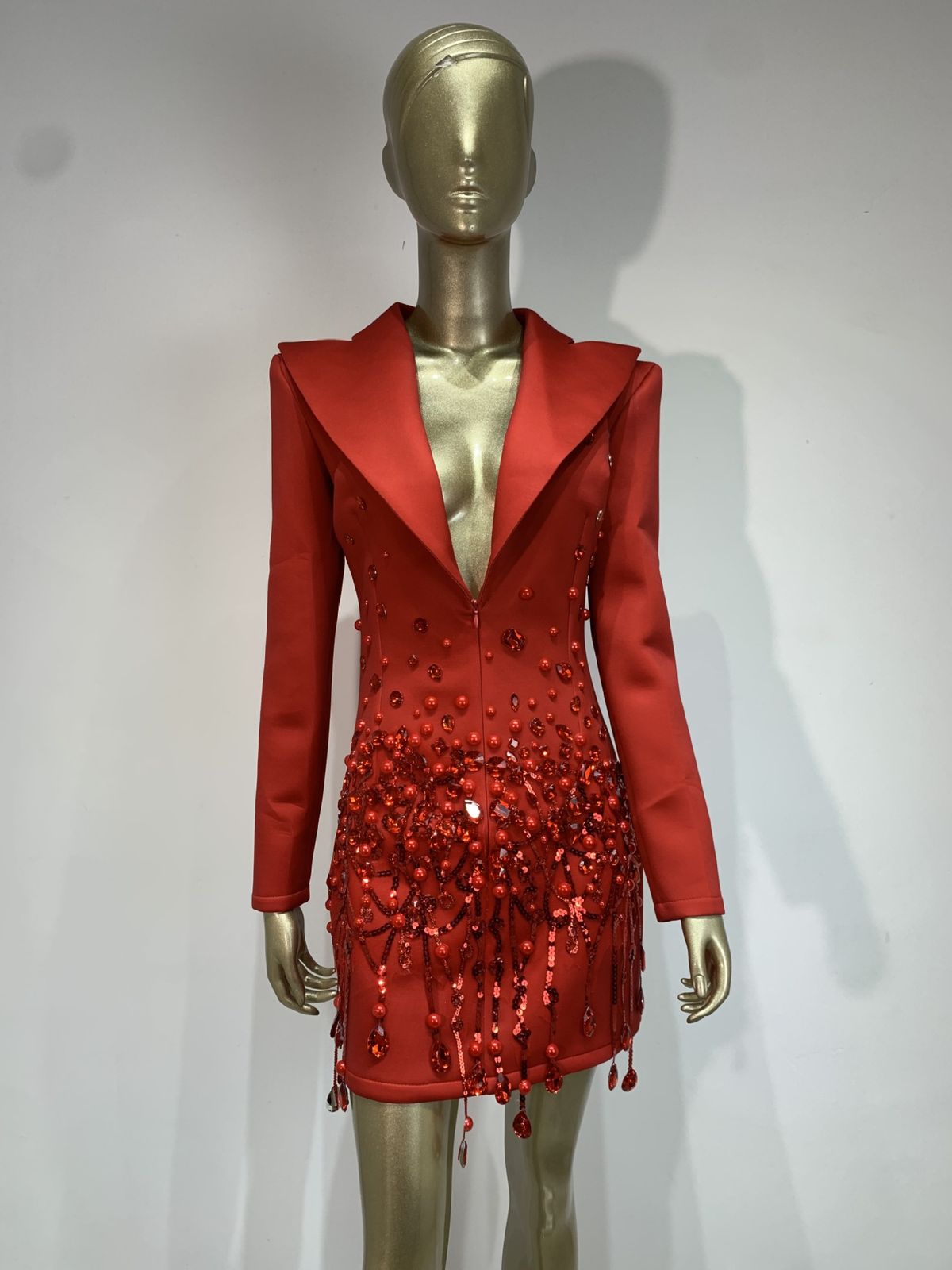 Elegantes rotes Bühnenkleid mit Perlenfransen – Sexy Blazer-Outfit für Damen für Bar-Shows, Geburtstagsfeiern und Events_voghion.com