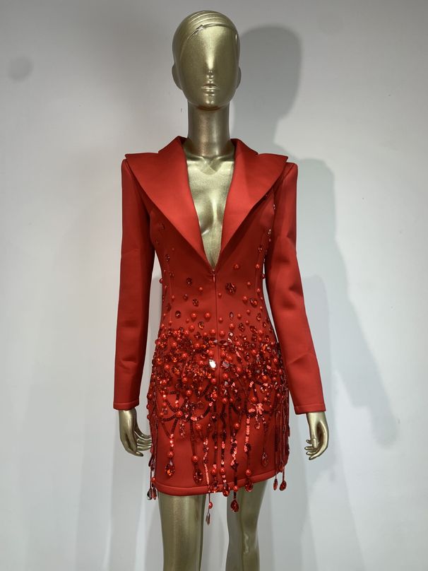 Elegantes rotes Bühnenkleid mit Perlenfransen – Sexy Blazer-Outfit für Damen für Bar-Shows, Geburtstagsfeiern und Events_voghion.com
