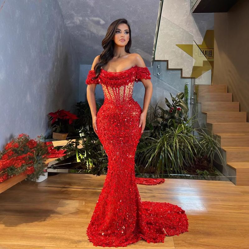 Îmbrăcăminte de damă Modă Nouă Un singur umăr roșie talie înaltă Slim Fit Toast Banchet Party Rochie de seară cu paiete_voghion.com
