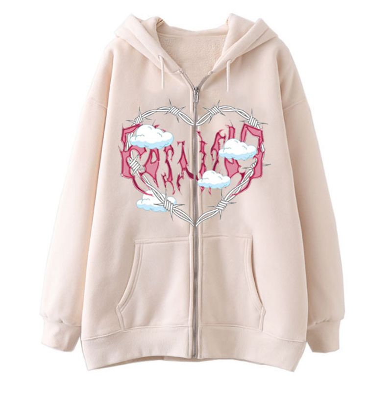 Felpa con cappuccio a maniche lunghe con cerniera e stampa a nuvola a forma di cuore, da donna, in pile per capelli Spot Direct, da uomo_voghion.com