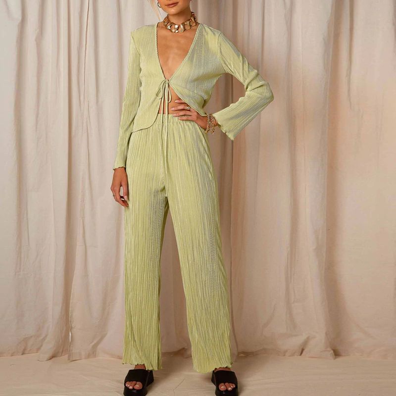 Pigiama a maniche lunghe con cardigan a V profondo sexy alla moda da donna, set in due pezzi_voghion.com