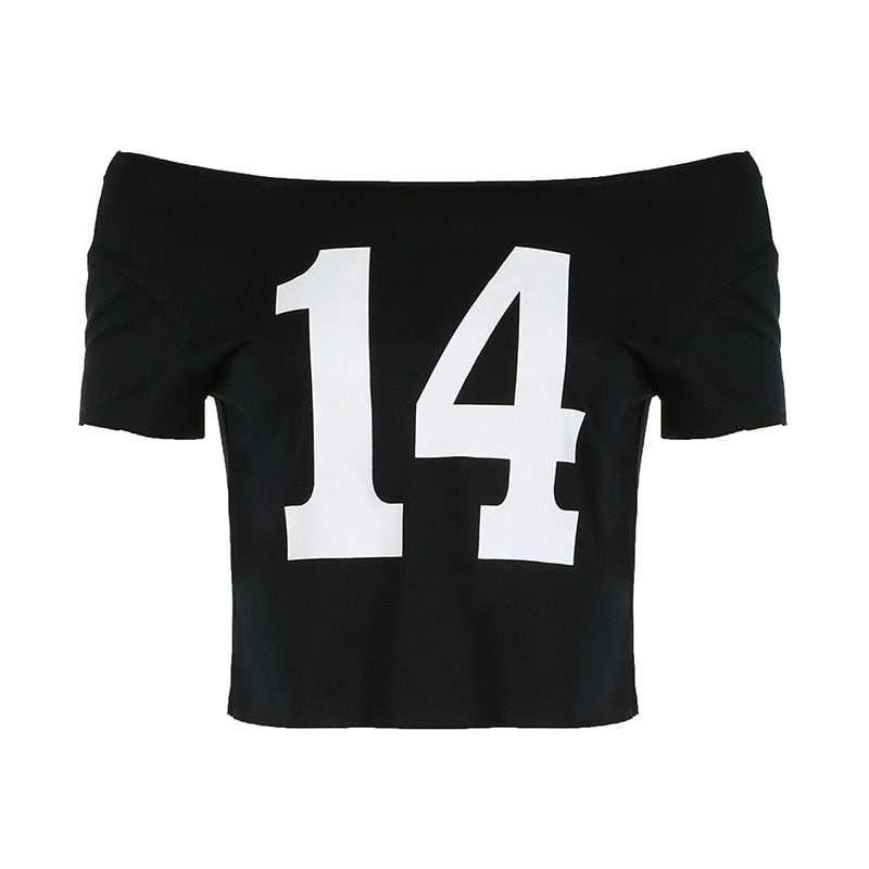Women's Clothing Contrast Color Digital Printing Loose High Waist Navel Short Sleeve Street Style Sexy One Shoulder Versatile T Shirt_voghion.com