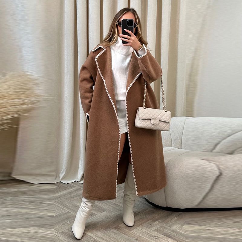 Elegant Embroidered Wool Blend Coat For Women - Loose Fit Long Sleeve Trench Coat With Lace Detailing, Autumn Winter Fashion Outerwear_voghion.com