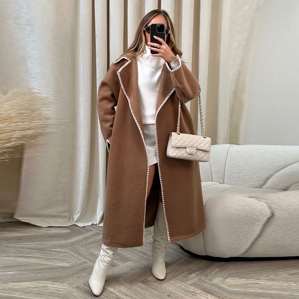 Elegant Embroidered Wool Blend Coat For Women - Loose Fit Long Sleeve Trench Coat With Lace Detailing, Autumn Winter Fashion Outerwear_voghion.com