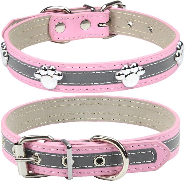 SQCLV Reflektierendes Hundehalsband mit niedlichen Pfotennieten, lustigen, weichen PU-Leder-Hundehalsbändern, verstellbar, für kleine, mittelgroße und große Hunde und Katzen (Pink, Smal_voghion.com
