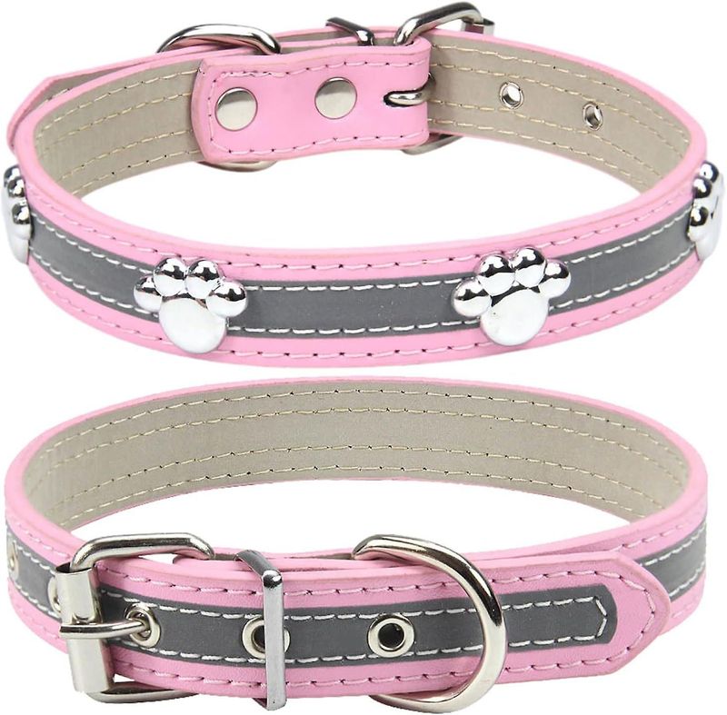 SQCLV Reflective Dog Collar With Cute Paw Rivet Studded Funny Soft PU Leather Adjustable Puppy Dog Collars For Small Medium Large Dogs Cats (Pink,Smal_voghion.com
