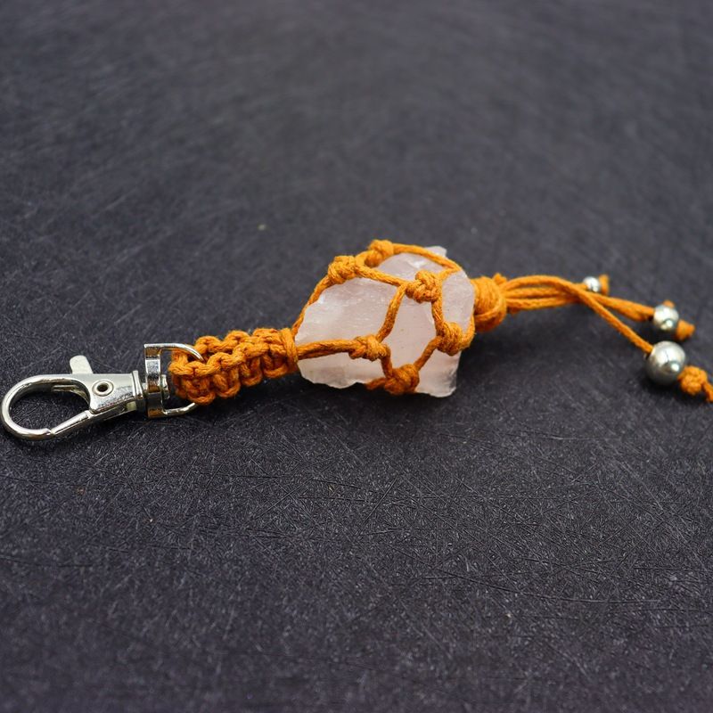 Llavero de piedra cruda de cristal natural, colgante para bolso, colgante para coche, colgante de collar retro tejido con bolsa de red_voghion.com