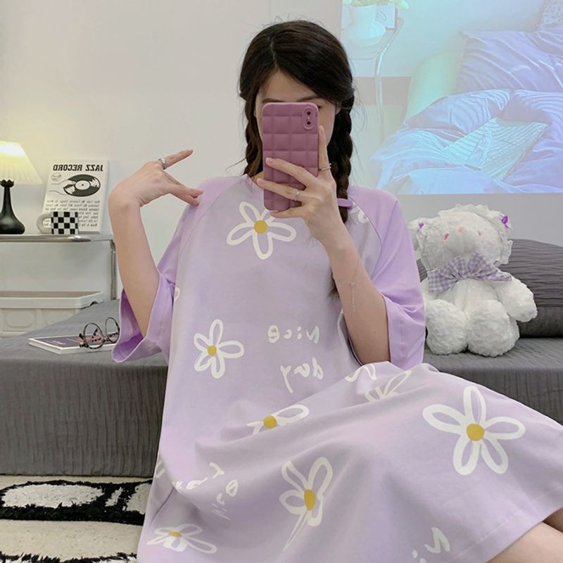 2024 new short sleeved medium long cartoon casual nightgown women's pullover printed milk silk thin home clothes can be_voghion.com