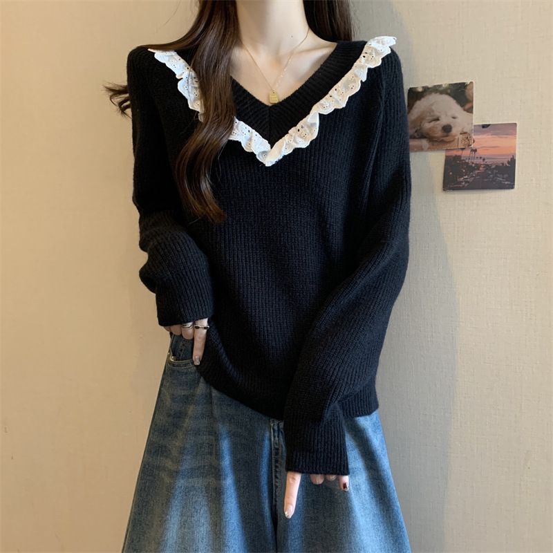 Hooded for women in plus size, autumn winter design, sweet and lace patchwork, V-neck versatile knit sweater top_voghion.com