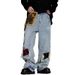 Men's Patchwork Distressed Jeans - American Vintage Wide-Leg Denim Pants With Removable Patches_voghion.com