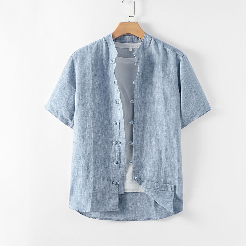 Men's Clothing Summer linen men's clothing Chinese stand collar short sleeved shirt retro buttoned linen shirt short sleeved top 165_voghion.com