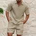 2024 Summer New Men's Casual Trendy Fashion Comfortable Waffle Solid Color Turn-down Collar Shirt Sports Set_voghion.com