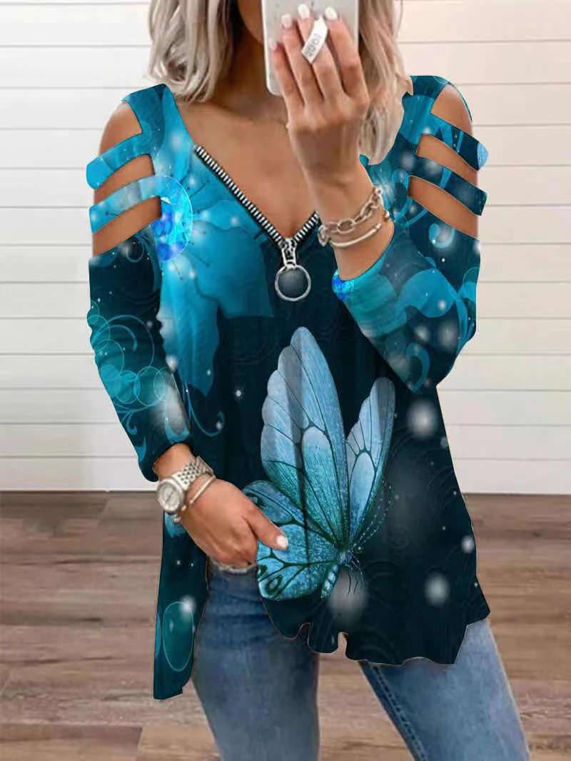Haut ample à col en V et fermeture éclair pour femme, imprimé creux, automne/hiver, nouveau modèle 2024_voghion.com