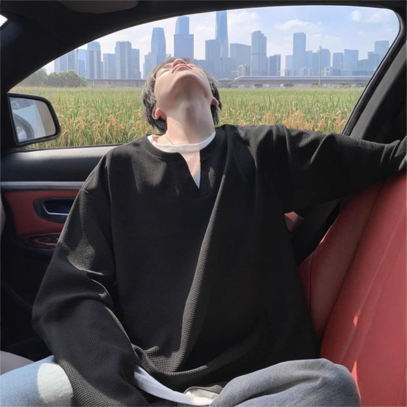 New V-neck long sleeved T-shirt for men in spring and autumn, retro trendy brand, loose fit plus plush casual hoodie_voghion.com