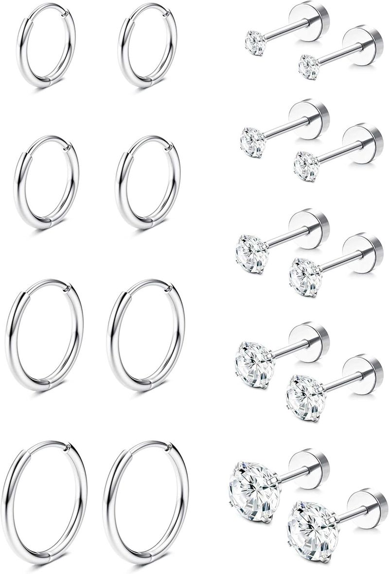 9 Pairs Earrings Sets For Multiple Piercing Hypoallergenic 14K Gold Plated Small Huggie Hoop Earrings Tiny Ball CZ Gold Flat Back Stud Earrings_voghion.com