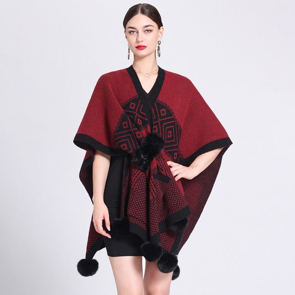 Hairball cape cape cape jacquard loose knit cardigan plaid cape coat for women_voghion.com