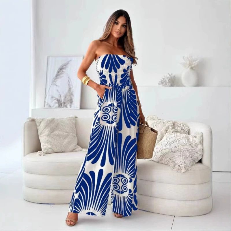 Dameskleding Stijl Zomer Nieuwe Modieuze Bedrukte Strapless Taille Geknepen Broek Jumpsuit_voghion.com