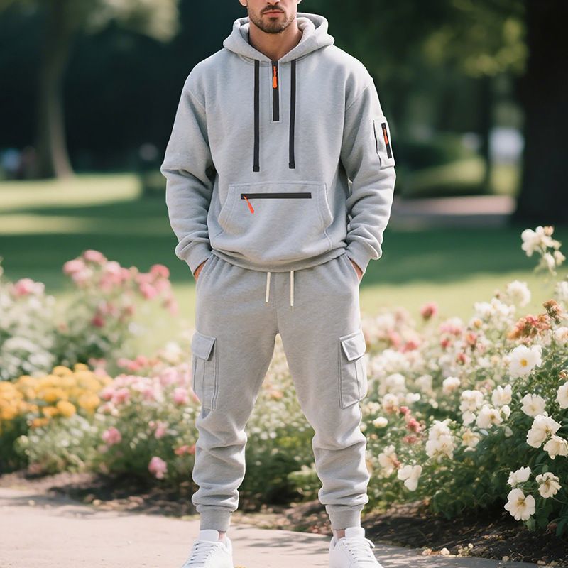 Trainingsanzug-Set mit Fleecefutter und Kapuze für Herren – Wintertauglich mit Multi-Taschen-Design (M–XXXL, 6 neutrale Farbtöne, 100 % Polyester)​_voghion.com