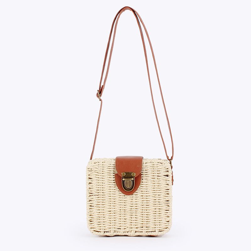 Versione delle borse da donna di Candy Color Matching Crossbody Borsa di paglia fatta a mano Piccola scatola quadrata Borsa intrecciata alla moda Semplice borsa da spiaggia casual da donna_voghion.com